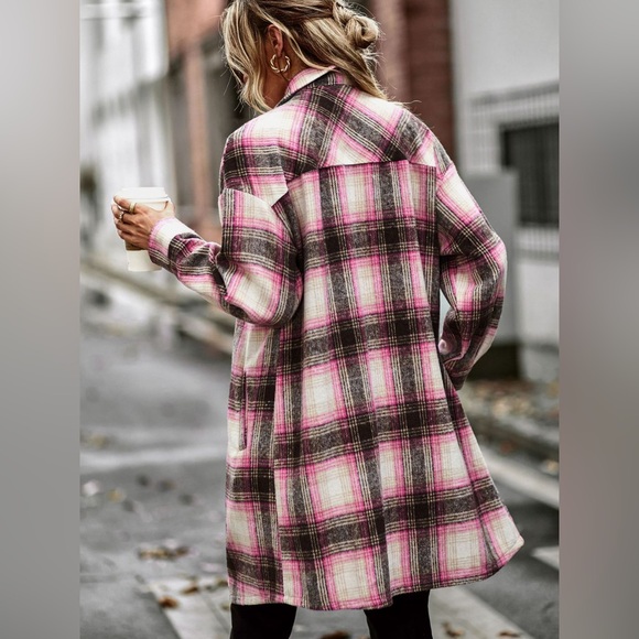 Pink Plaid Button-Up Longline Shacket Jacket with Pockets - Picture 3 of 4
